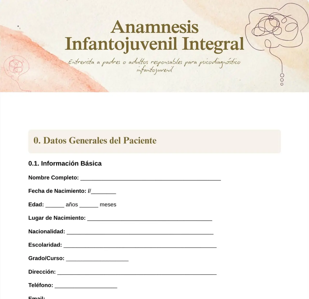 Ficha Entrevista Anamnesis Clínica Infantojuvenil para Padres y Cuidadores