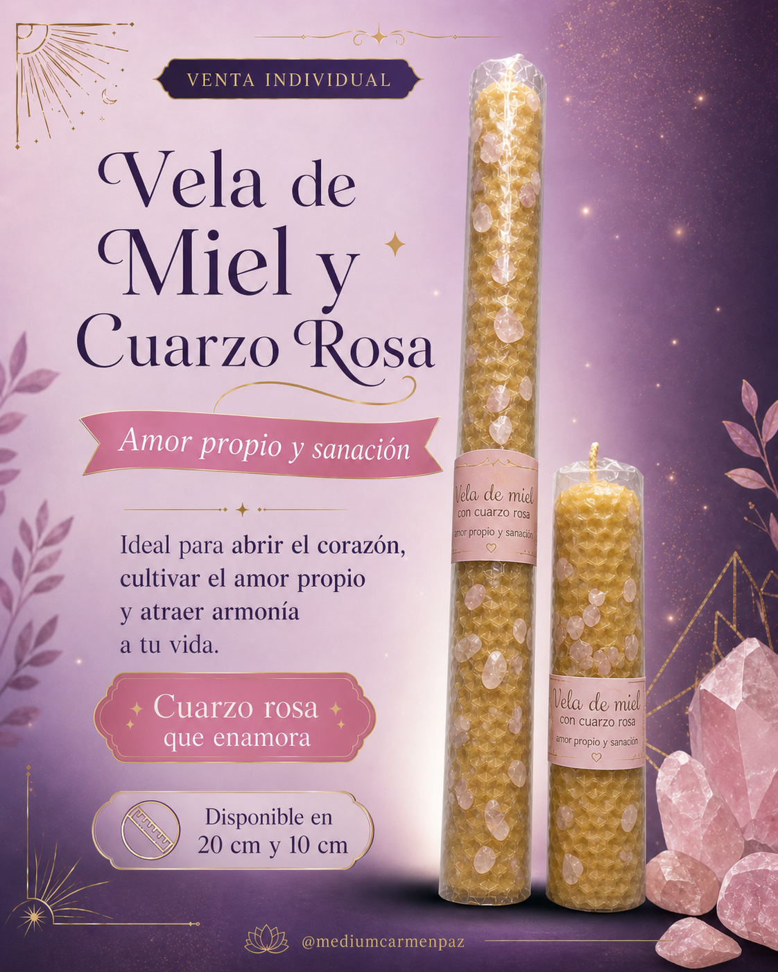 Vela De Miel y Cuarzo Rosa 20 cms