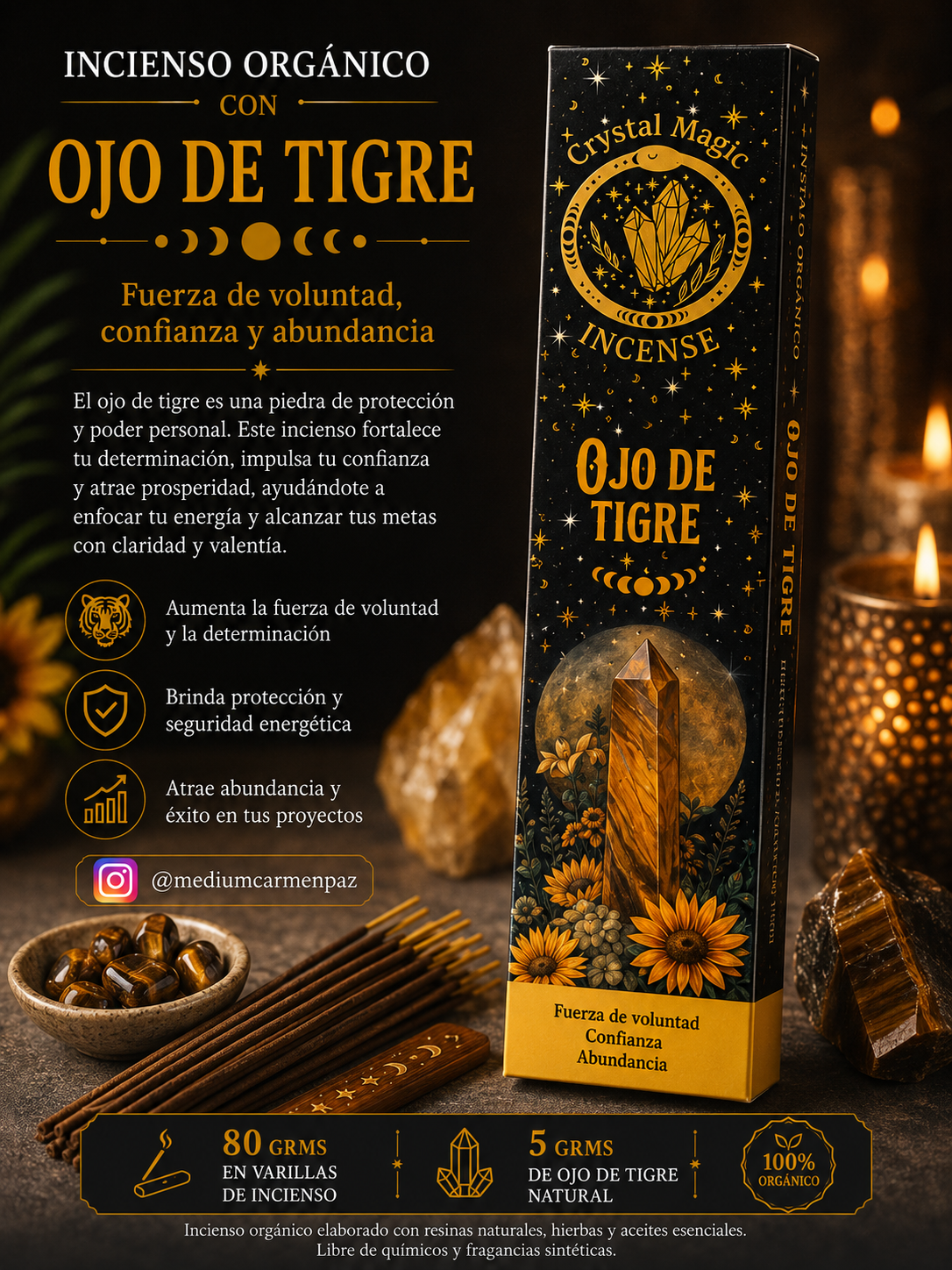 Incienso Orgánico + cristales de Ojo de tigre