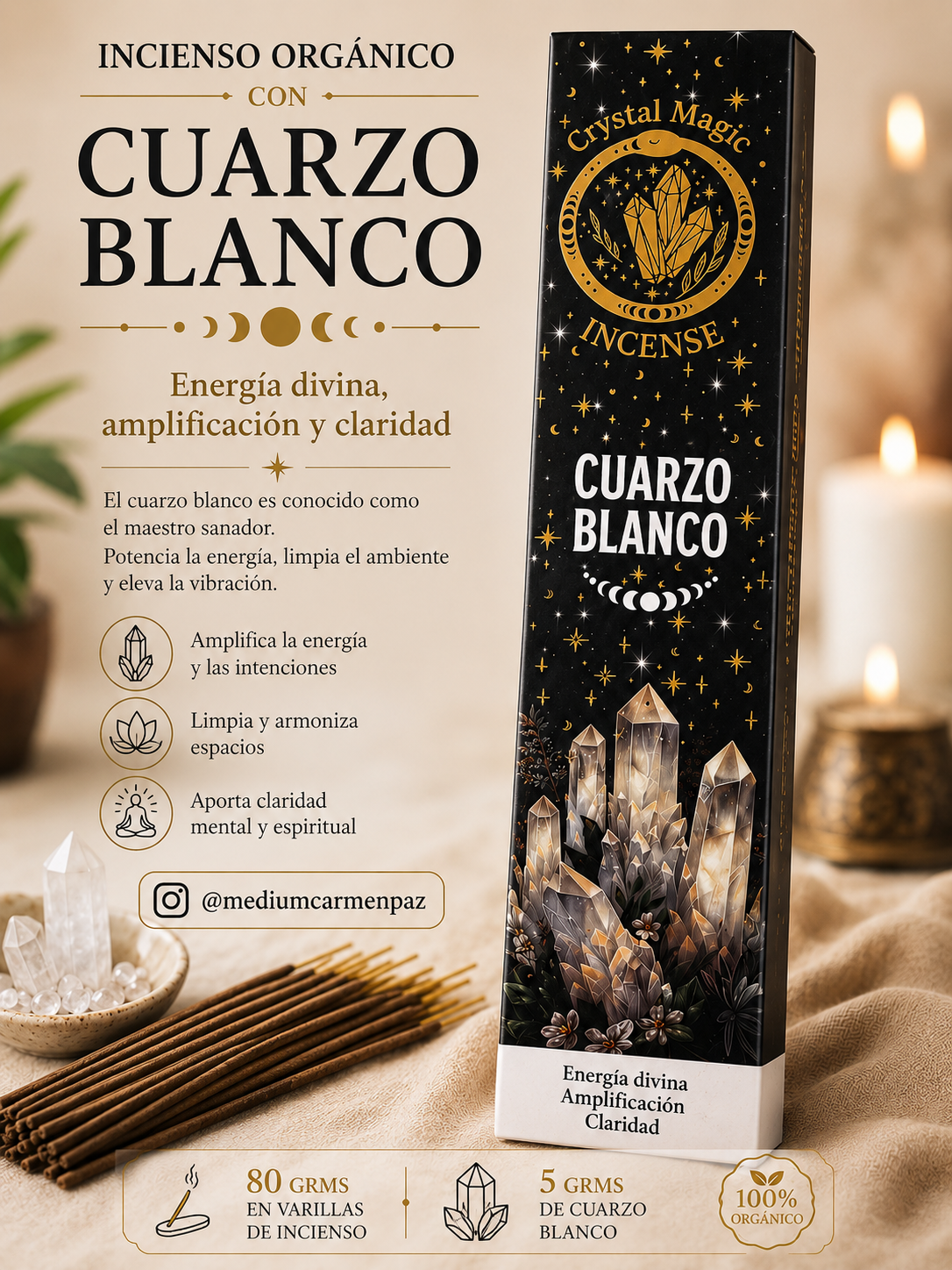 Incienso Orgánico + Cristales de Cuarzo blanco