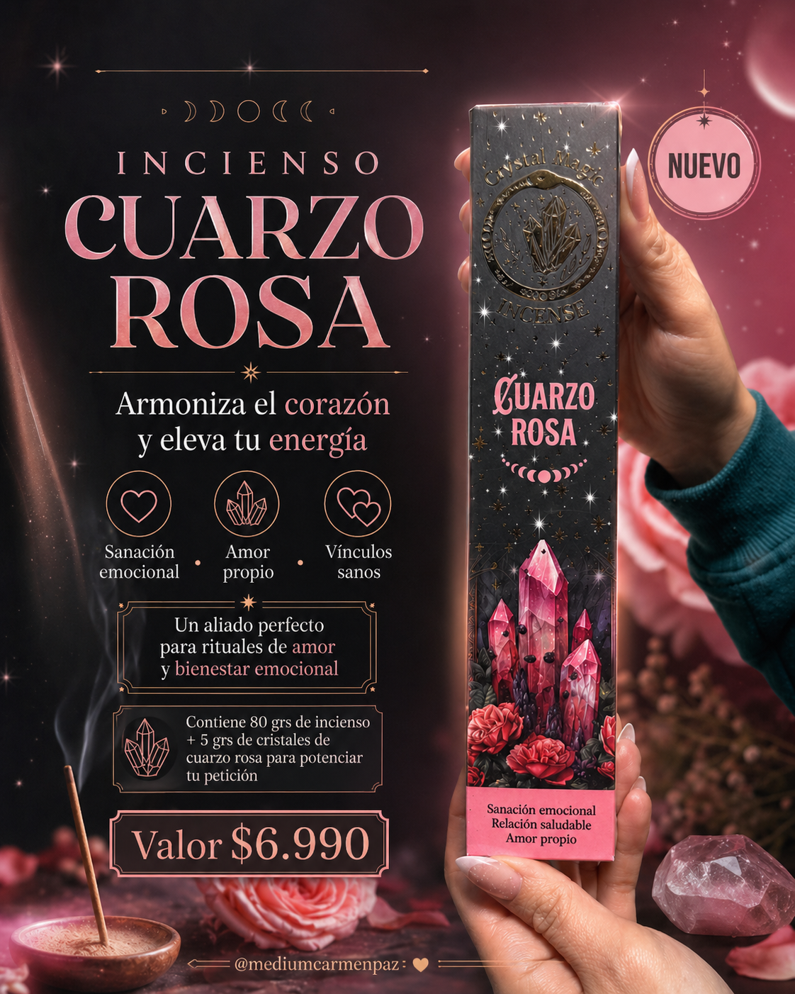 Incienso Cuarzo Rosa + Cristales de Cuarzo rosa